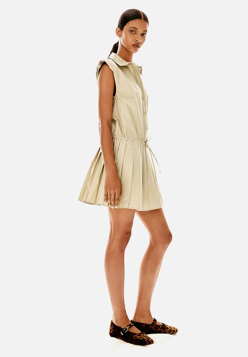 H&M - Pleated-skirt shoulder-pad dress - light beige