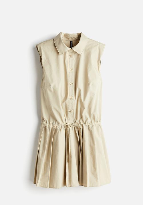 H&M - Pleated-skirt shoulder-pad dress - light beige