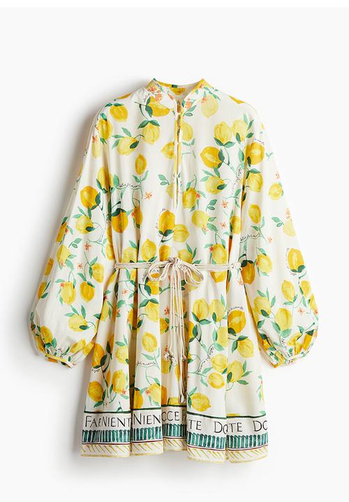 H&M - Macramé-belt dress - cream lemons 
