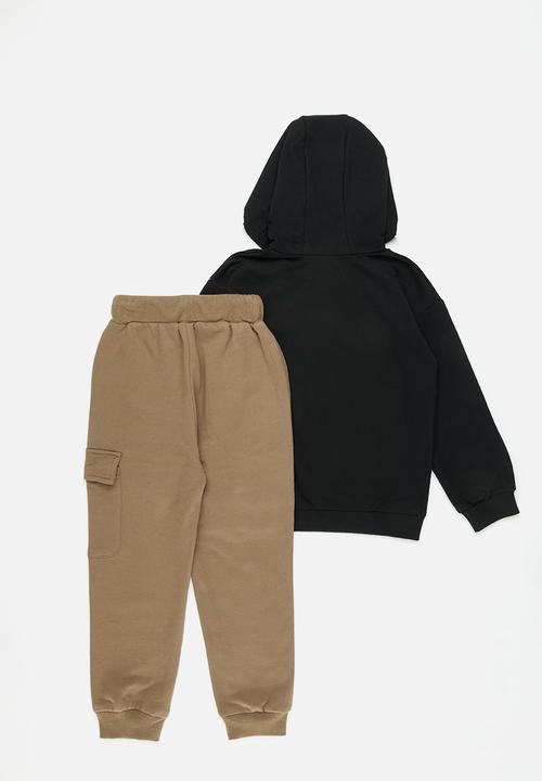 Pop Candy - Hoodies & cargo pants set-black & beige