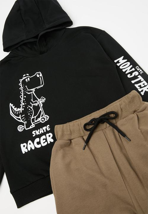 Pop Candy - Hoodies & cargo pants set-black & beige