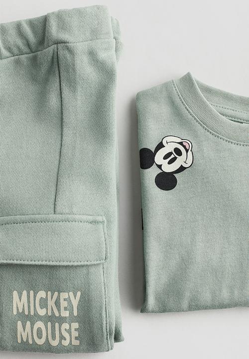 H&M - 2 piece t-shirt and joggers cotton set - light dusty green mickey mous