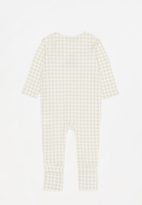 Cotton On - The long sleeve zip romper - rainy day gingham/dino applique