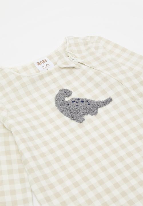 Cotton On - The long sleeve zip romper - rainy day gingham/dino applique
