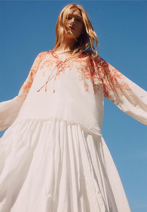 H&M - Tie-detail blouse - coral red & floral 