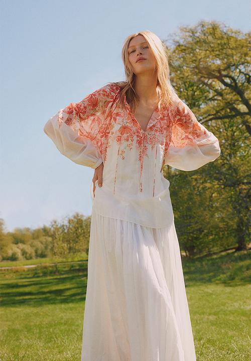 H&M - Tie-detail blouse - coral red & floral 