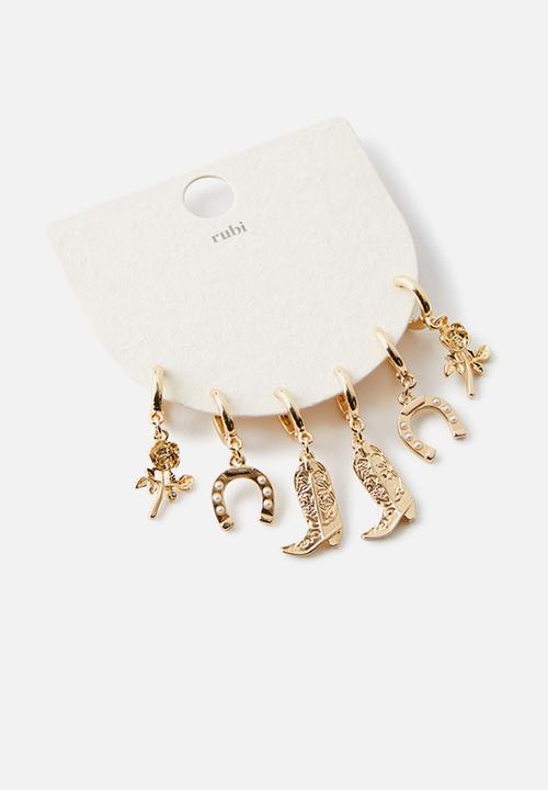 Rubi - 3Pk Small Earring- gold boots and horse shoe