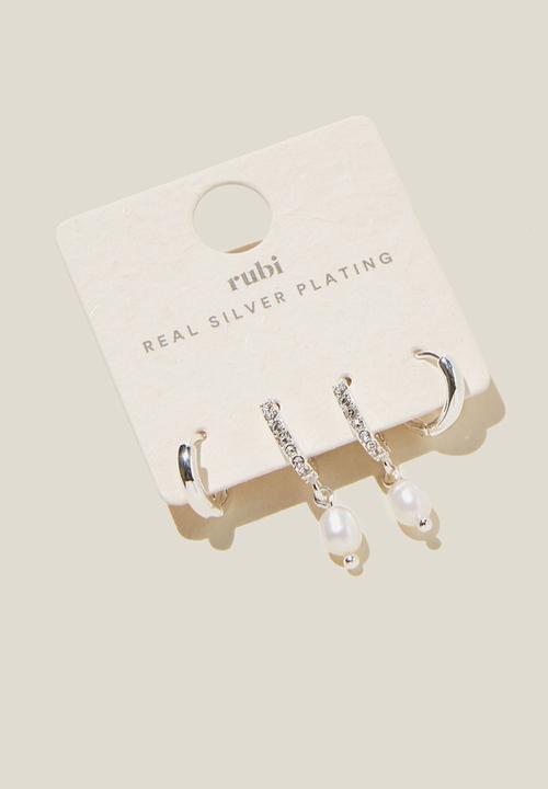 Rubi - 2Pk Mid Earring- silver diamante  pearl