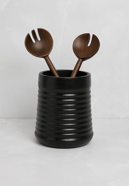 Sixth Floor - Carved mango wood utensil holder - black