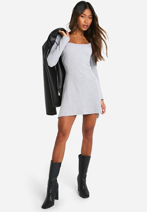 boohoo - Basic Rib Long Sleeve Skater - Grey Marl