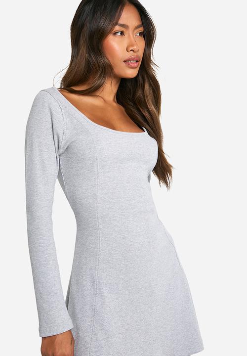 boohoo - Basic Rib Long Sleeve Skater - Grey Marl