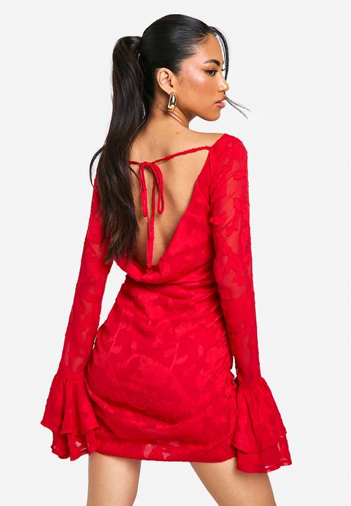 boohoo - Jacquard Floral Ruffle Mini Dress - red