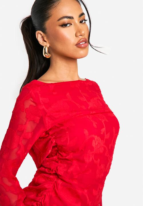 boohoo - Jacquard Floral Ruffle Mini Dress - red
