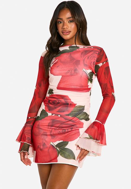 Slash Neck Rose Mesh Print Flare Sleeve Mini Dress - Red