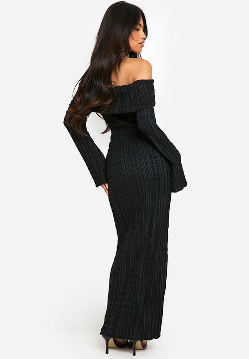 boohoo - Textured Bardot Maxi Dress - Black