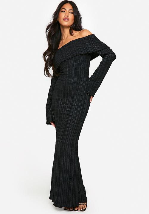 boohoo - Textured Bardot Maxi Dress - Black