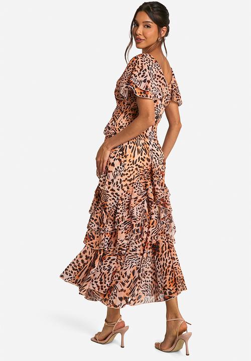 boohoo - Leopard Ruffle Maxi Dress - Brown