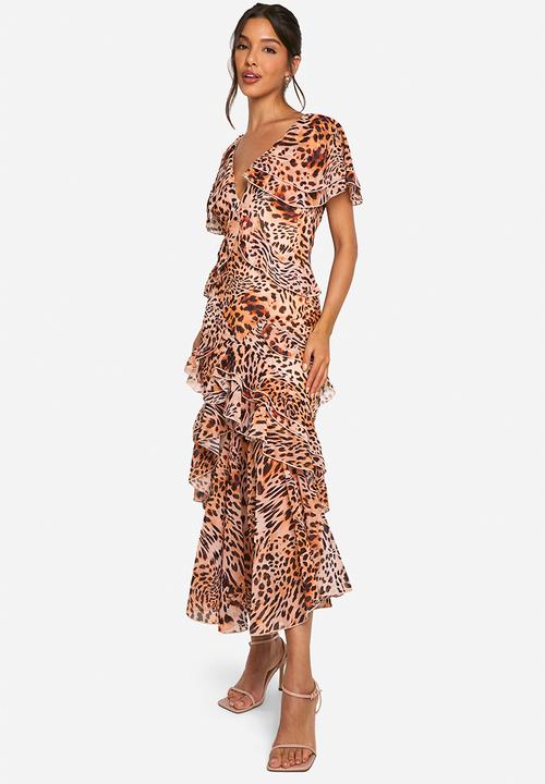 boohoo - Leopard Ruffle Maxi Dress - Brown