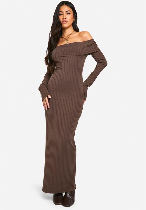 Wide Rib Bardot Maxi Dress - chocolate