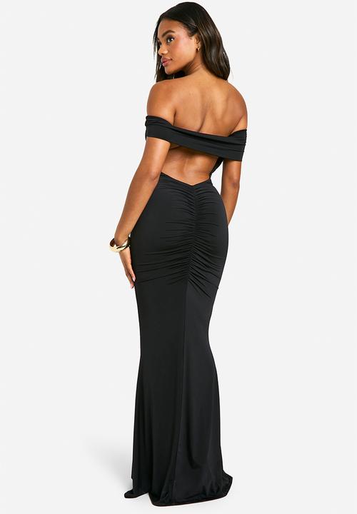 boohoo - Off Shoulder Ruched Back Slinky Maxi Dress - Black