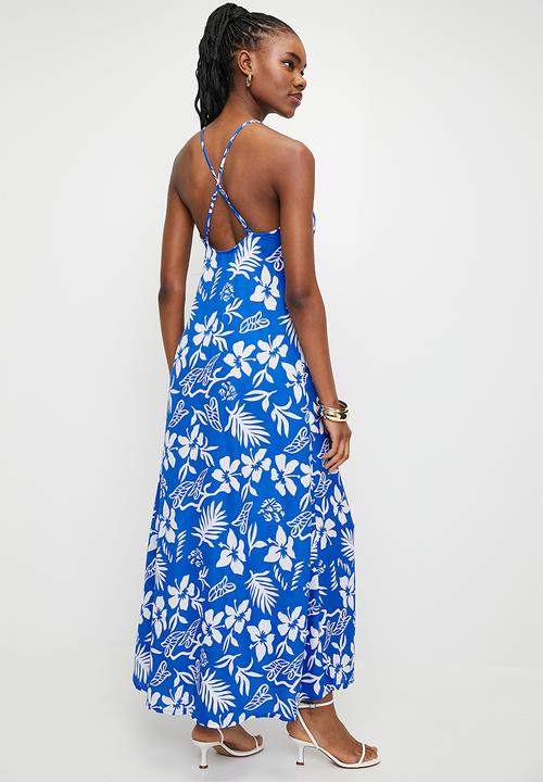 boohoo - Hibiscus V Neck Strappy Maxi Dress - Blue