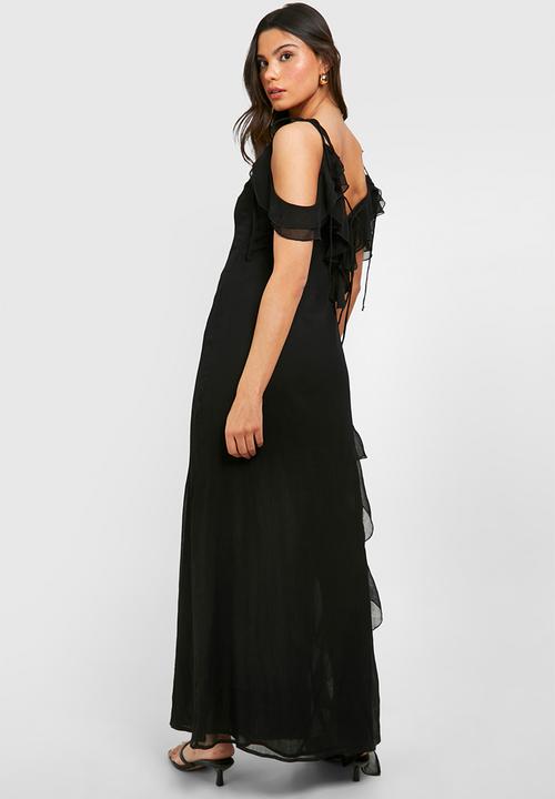 boohoo - Chiffon Ruffle Split Maxi Dress - Black
