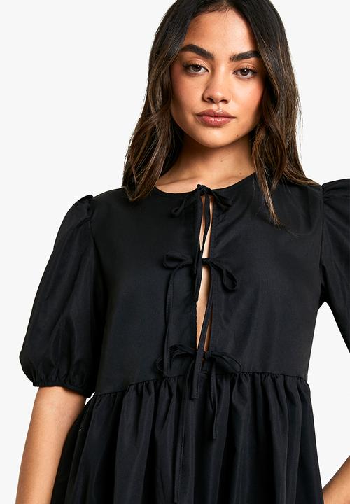 boohoo - Tie Front Woven Puff Sleeve Mini Dress - Black