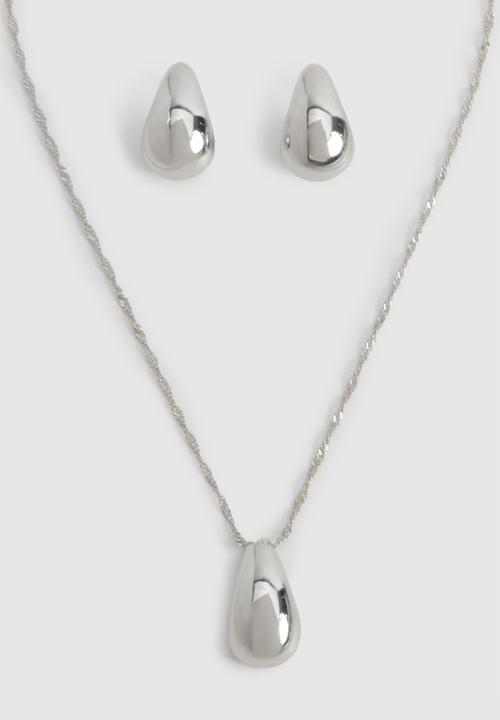 boohoo - Silver chunky tear drop necklace & earring set - silver