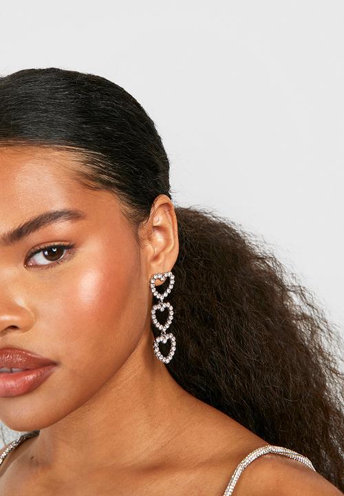 boohoo - Diamante heart drop earrings - silver