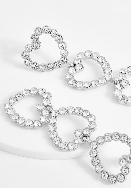 boohoo - Diamante heart drop earrings - silver