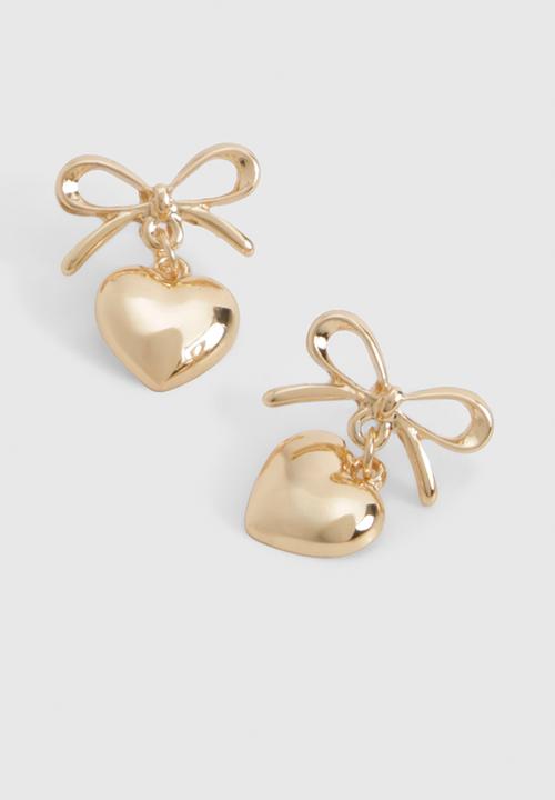 boohoo - Gold bow & heart drop earrings - gold