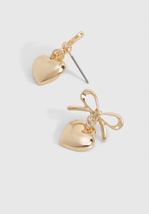 boohoo - Gold bow & heart drop earrings - gold