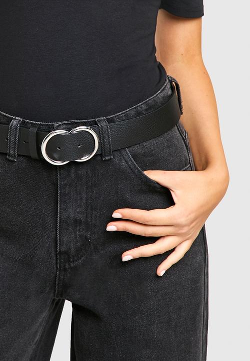 boohoo - Double silver ring detail boyfriend belt - black