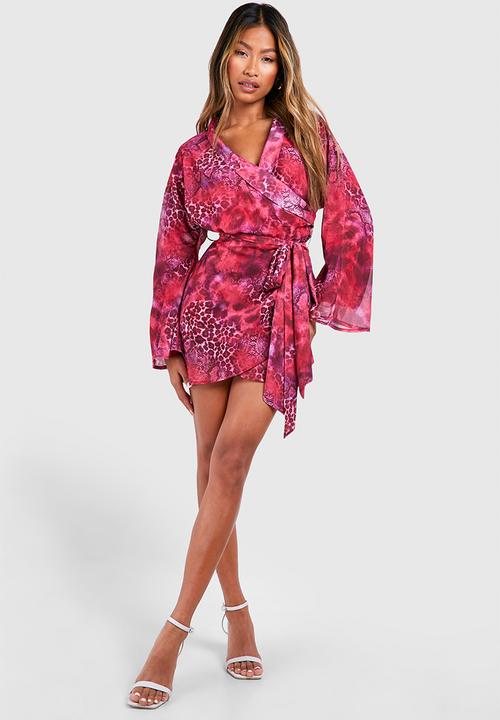 boohoo - Animal Print Wrap Mini Dress - Pink