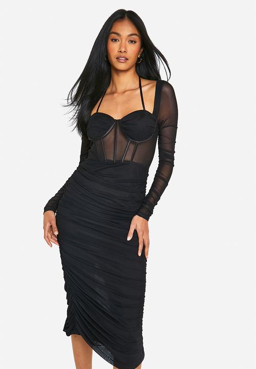 boohoo - Mesh Cup Detail Ruched Midaxi Dress - black