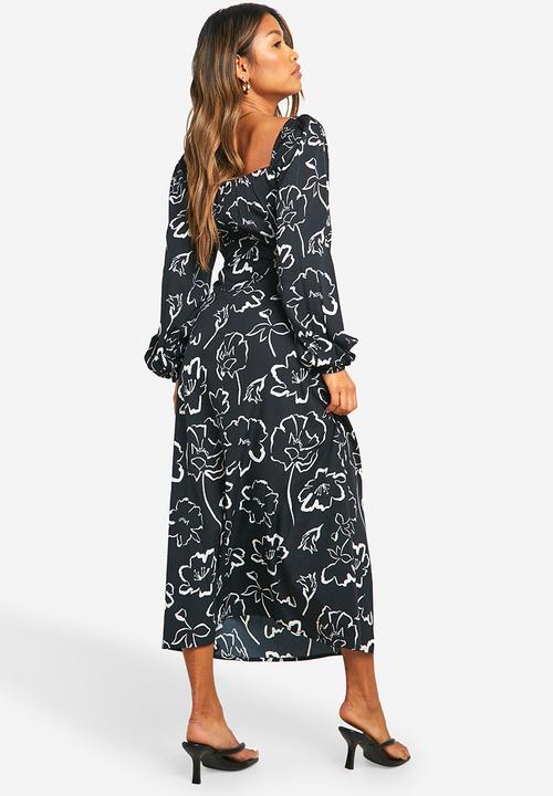boohoo - Mono Floral Puff Sleeve Midaxi Dress - Black