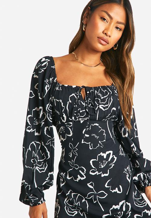 boohoo - Mono Floral Puff Sleeve Midaxi Dress - Black