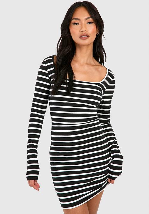 boohoo - Premium Super Soft Square Neck Stripe Bodycon Mini Dress - Black