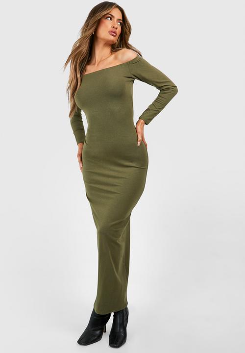 boohoo - Premium Super Soft Bardot Bodycon Maxi Dress - Khaki