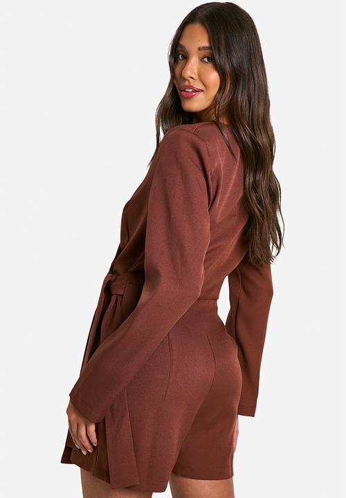 boohoo - Tailored Wrap Over Playsuit - Chocolate
