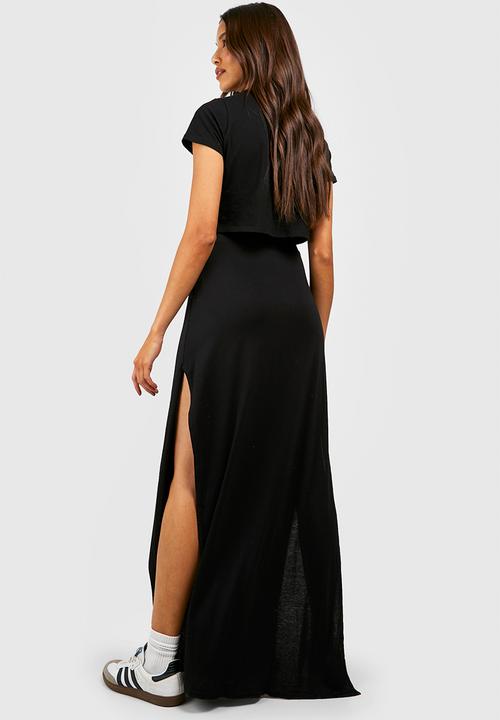 boohoo - Basic Solid Black High Waisted Split Maxi Skirt - Black