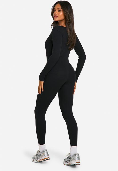 boohoo - Basic Rib Plunge Unitard Jumpsuit - Black