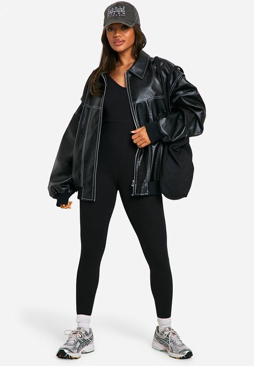 boohoo - Basic Rib Plunge Unitard Jumpsuit - Black