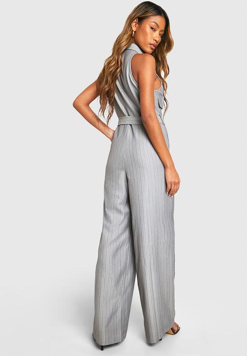 boohoo - Pinstripe Wide Leg Jumpsuit - Grey