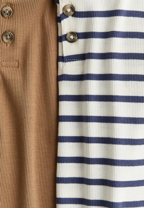 H&M - 2-Pack ribbed henley tops - Dark beige/Blue striped