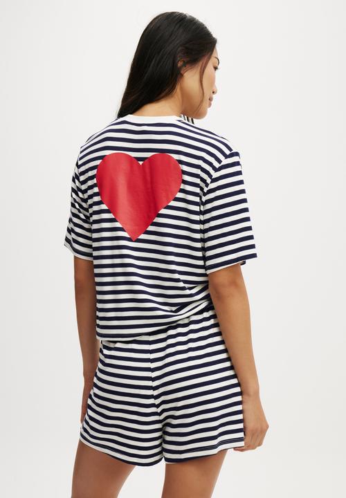 Cotton On - So Soft Short Sleeve Jersey Sleep Set - Navy Vision Stripe/Heart