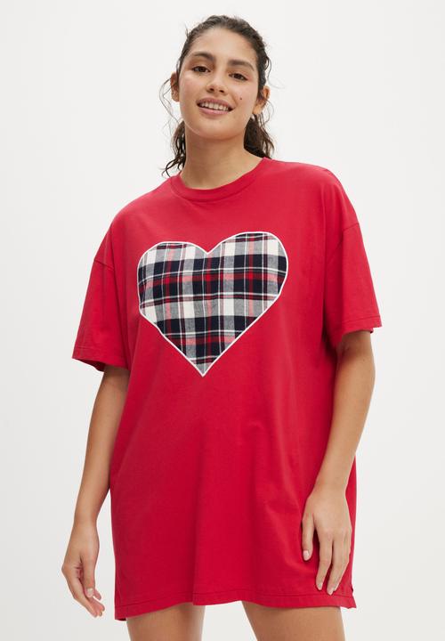 90S Graphic T-Shirt Nightie - Warm Cherry/Gingham Heart