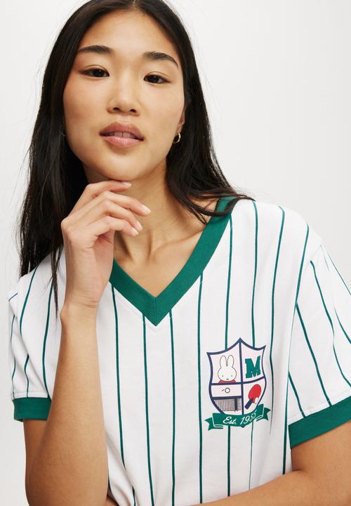Cotton On - Active V Neck T-Shirt - Alpine Green Stripe / Lcn Miffy