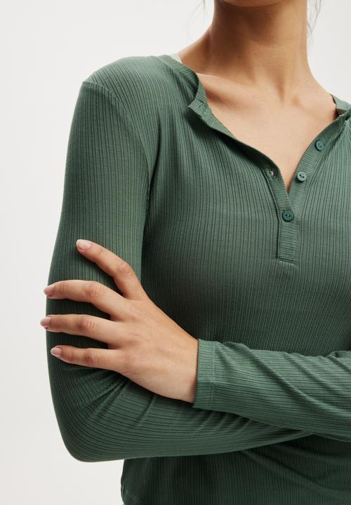 Cotton On - Active Sheer Rib Long Sleeve - Emerald Forest