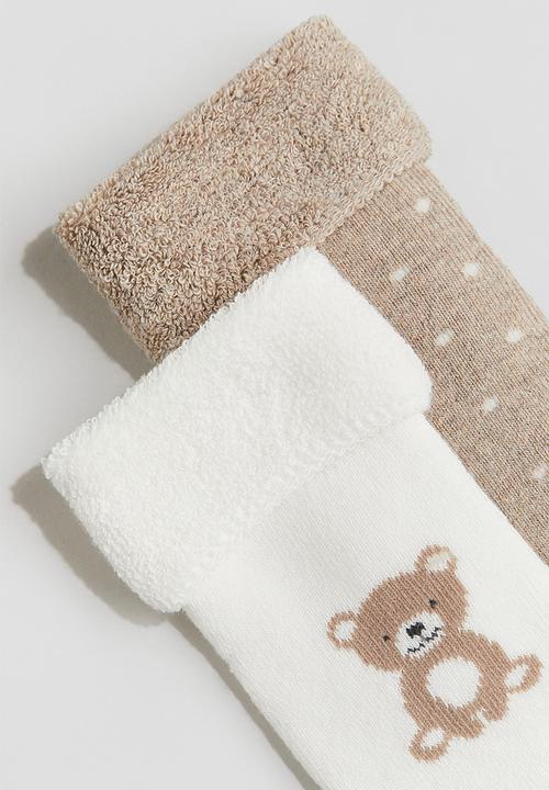 H&M - 2-pack terry socks - beige/teddy bear 